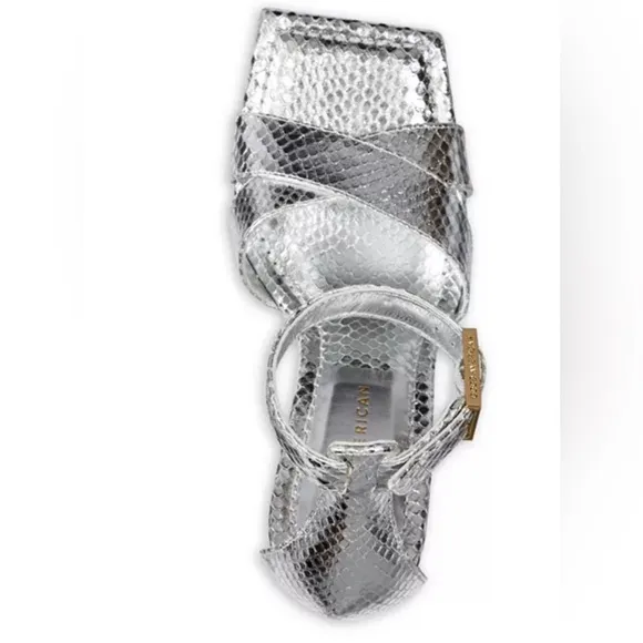 Good American Snake Embossed Platform High-Heel Sandals in Silver, 5.5 NWT $185