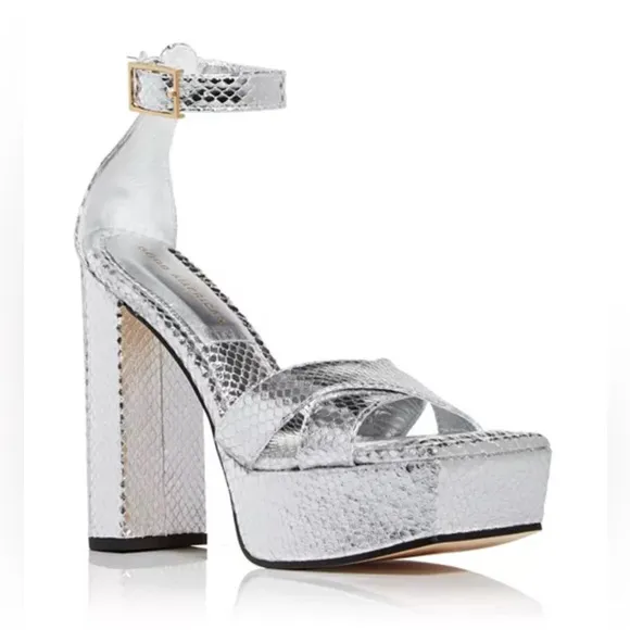 Good American Snake Embossed Platform High-Heel Sandals in Silver, 5.5 NWT $185