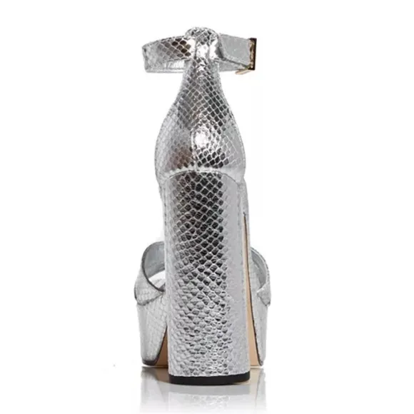 Good American Snake Embossed Platform High-Heel Sandals in Silver, 5.5 NWT $185