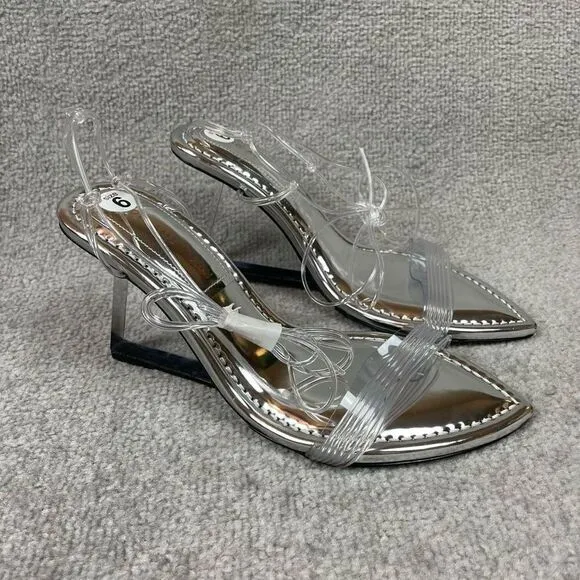 Good American Wedge Heels Silver Clear Block Heels Sandals Size 6 Brand New