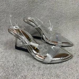 Good American Wedge Heels Silver Clear Block Heels Sandals Size 6 Brand New
