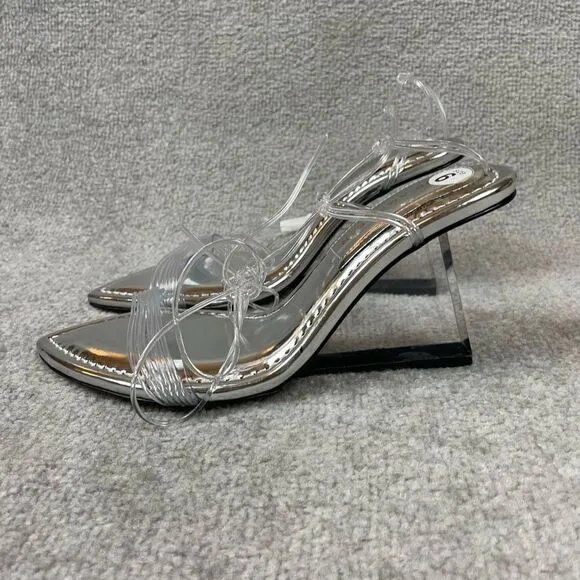Good American Wedge Heels Silver Clear Block Heels Sandals Size 6 Brand New