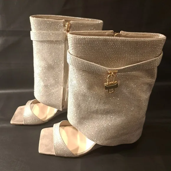 Goserce‎ Women's Heel/Sandals/Boots Faux Rhinestones Open Toe Mid-Calf Wedge 10
