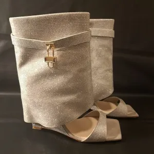Goserce‎ Women's Heel/Sandals/Boots Faux Rhinestones Open Toe Mid-Calf Wedge 10