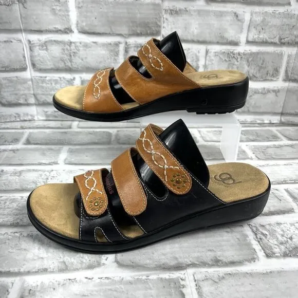 Gravity Defyer Women’s Size 9  Black/Tan Adjustable Comfort Wedge Slide Sandals