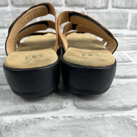 Gravity Defyer Women’s Size 9  Black/Tan Adjustable Comfort Wedge Slide Sandals