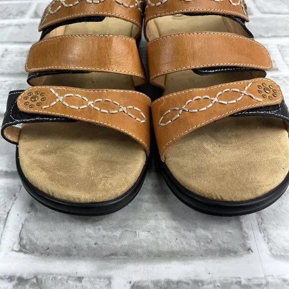 Gravity Defyer Women’s Size 9  Black/Tan Adjustable Comfort Wedge Slide Sandals