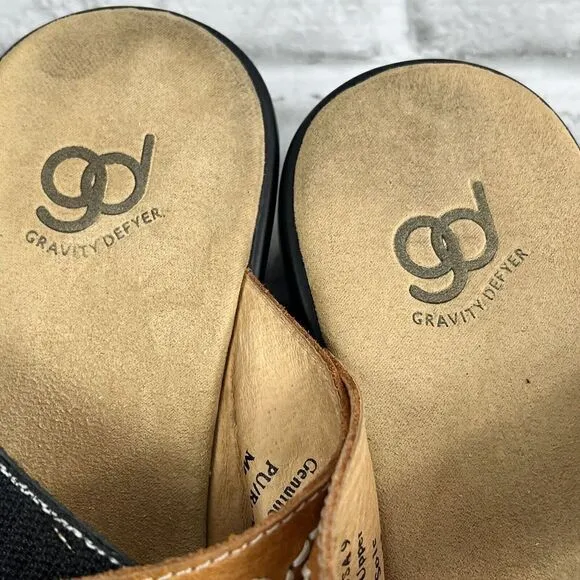 Gravity Defyer Women’s Size 9  Black/Tan Adjustable Comfort Wedge Slide Sandals