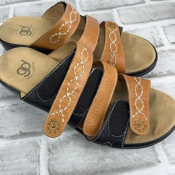 Gravity Defyer Women’s Size 9  Black/Tan Adjustable Comfort Wedge Slide Sandals