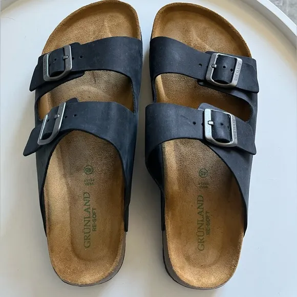 GRUNLAND Black Leather Sandals EU Size 45