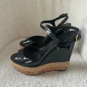 Gucci &quot;Hollie&quot; Black Patent Wedge Sandals Size 39