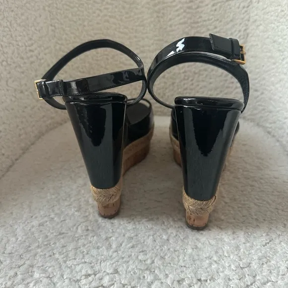 Gucci &quot;Hollie&quot; Black Patent Wedge Sandals Size 39