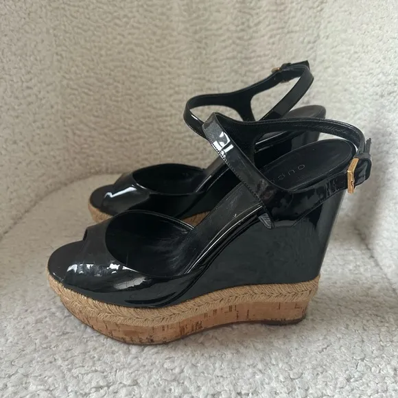 Gucci &quot;Hollie&quot; Black Patent Wedge Sandals Size 39