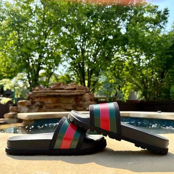 Gucci Black Web Rubber Pool Slides Sandals Shoes - Men’s Size 6.5 US, 6 UK