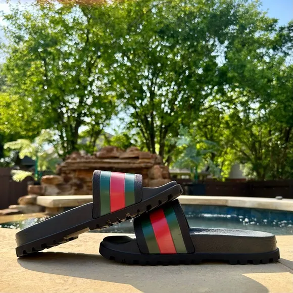 Gucci Black Web Rubber Pool Slides Sandals Shoes - Men’s Size 6.5 US, 6 UK