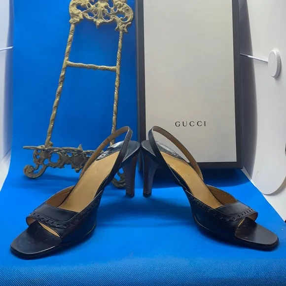 Gucci gorgeous black leather open toe mules/ sandals heels size 36.5 C