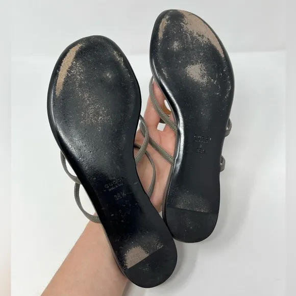 Gucci Interlocking GG Logo Thong Sandals Flip Flops Gray Leather Gold 36.5 6.5