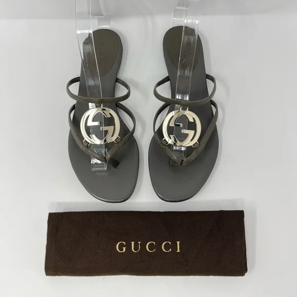 Gucci Interlocking GG Logo Thong Sandals Flip Flops Gray Leather Gold 36.5 6.5