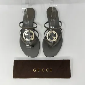 Gucci Interlocking GG Logo Thong Sandals Flip Flops Gray Leather Gold 36.5 6.5