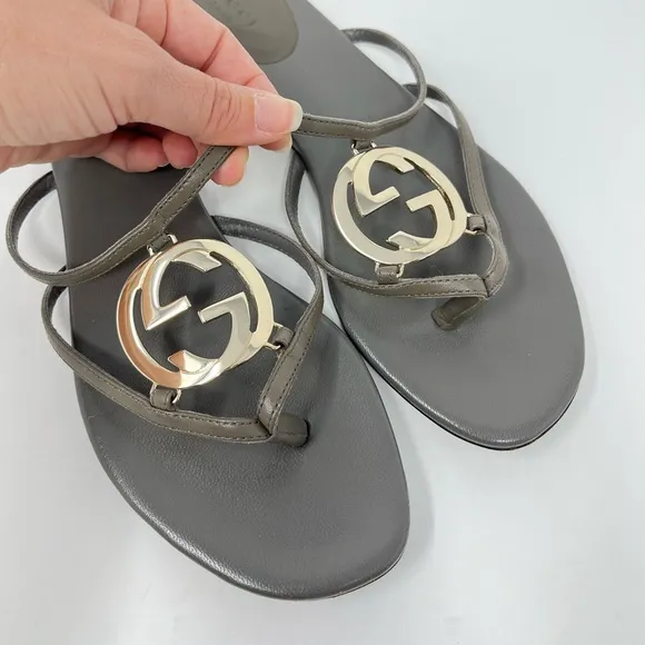 Gucci Interlocking GG Logo Thong Sandals Flip Flops Gray Leather Gold 36.5 6.5