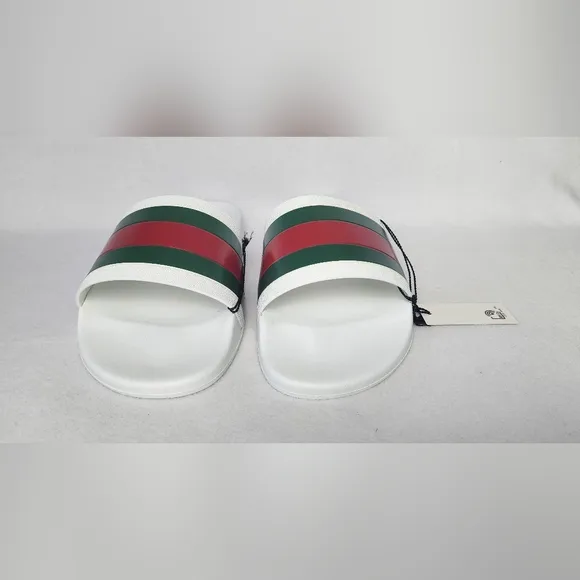 Gucci Men's White Slide Sandals with Green and Red Stripes