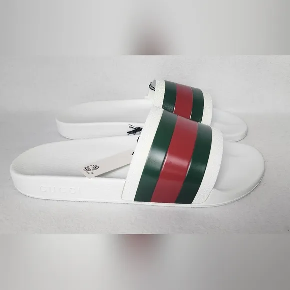 Gucci Men's White Slide Sandals with Green and Red Stripes