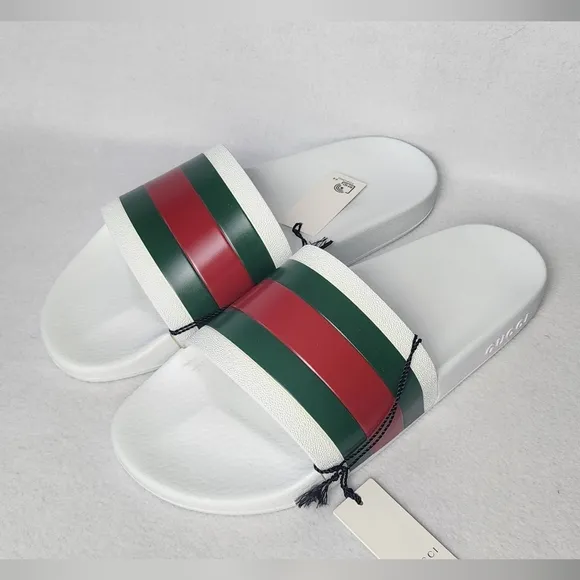 Gucci Men's White Slide Sandals with Green and Red Stripes