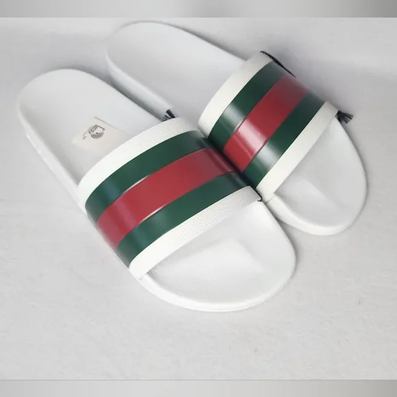 Gucci Men's White Slide Sandals with Green and Red Stripes