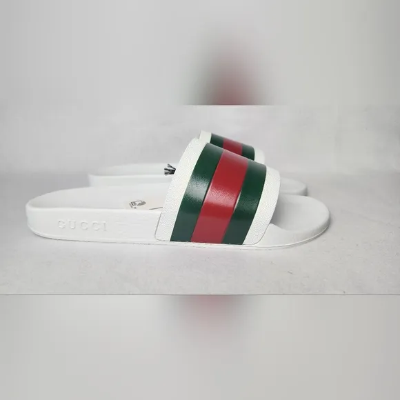 Gucci Men's White Slide Sandals with Green and Red Stripes