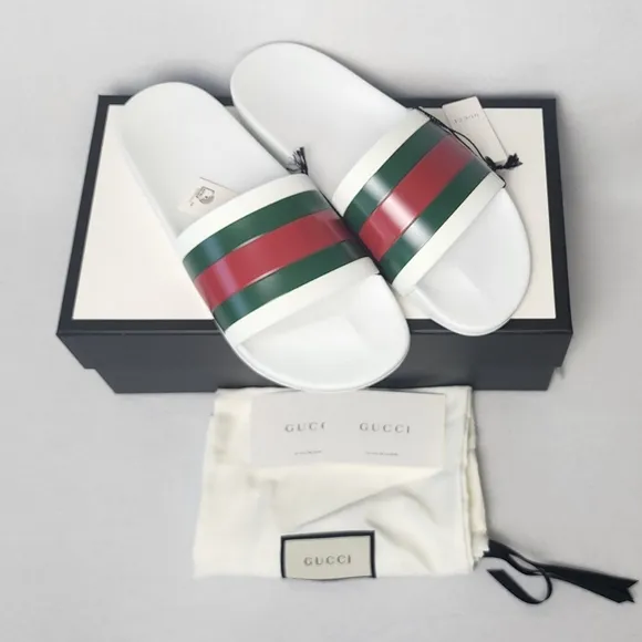 Gucci Men's White Slide Sandals with Green and Red Stripes