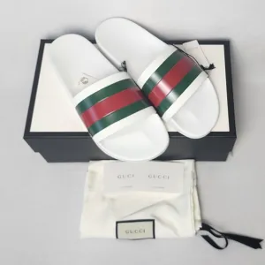 Gucci Men's White Slide Sandals with Green and Red Stripes