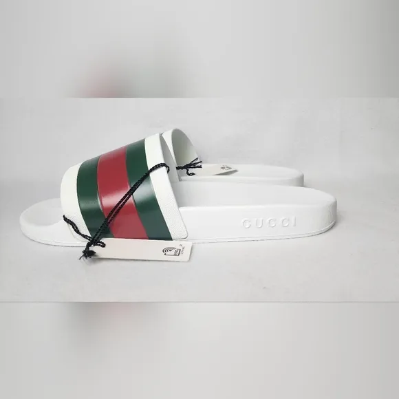 Gucci Men's White Slide Sandals with Green and Red Stripes