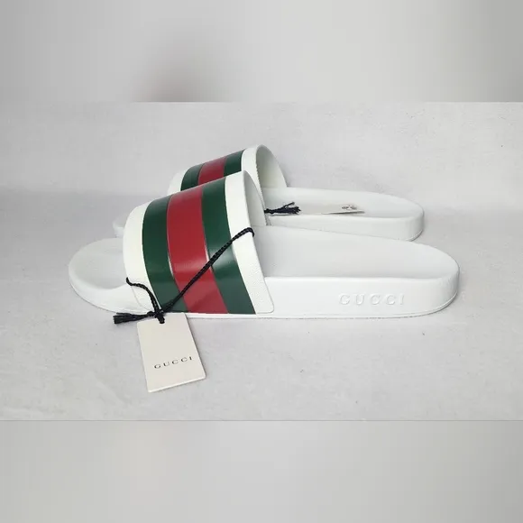 Gucci Men's White Slide Sandals with Green and Red Stripes