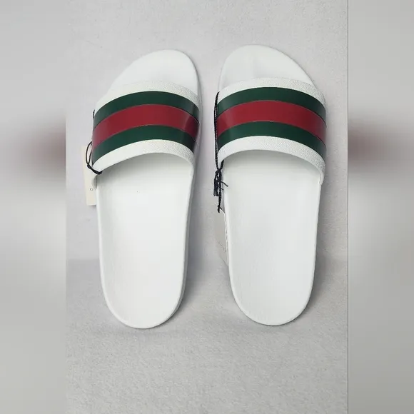 Gucci Men's White Slide Sandals with Green and Red Stripes