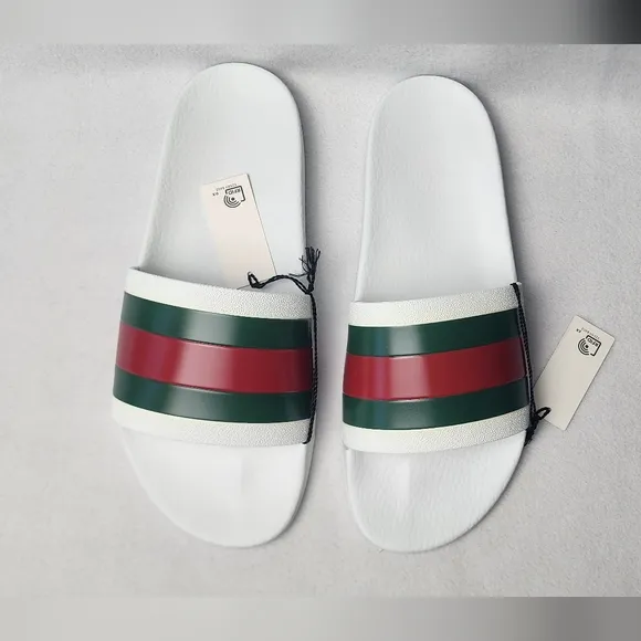 Gucci Men's White Slide Sandals with Green and Red Stripes