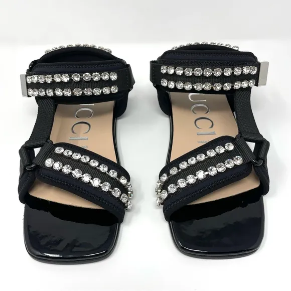 Gucci Shea Crystal-Embellished Canvas and Patent Leather Dad Sandals Size 36 6