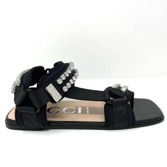 Gucci Shea Crystal-Embellished Canvas and Patent Leather Dad Sandals Size 36 6