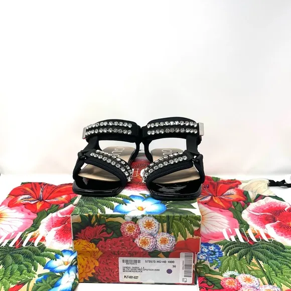 Gucci Shea Crystal-Embellished Canvas and Patent Leather Dad Sandals Size 36 6