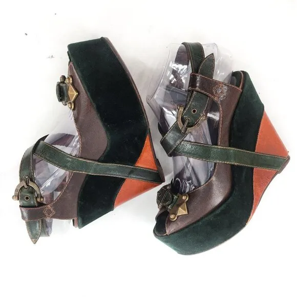 GUILLAUME HINFRAY Brown Green Leather Velvet Platform Wedge Sandals