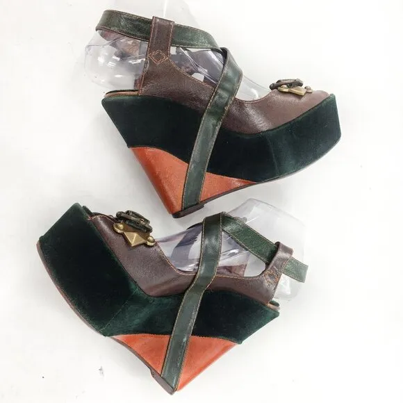 GUILLAUME HINFRAY Brown Green Leather Velvet Platform Wedge Sandals