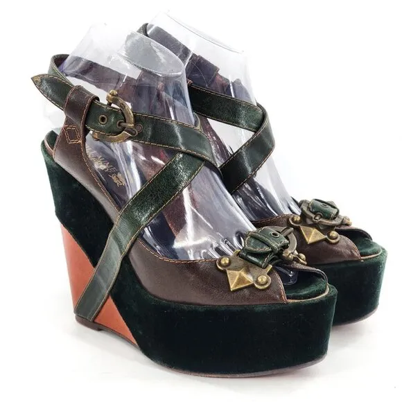 GUILLAUME HINFRAY Brown Green Leather Velvet Platform Wedge Sandals