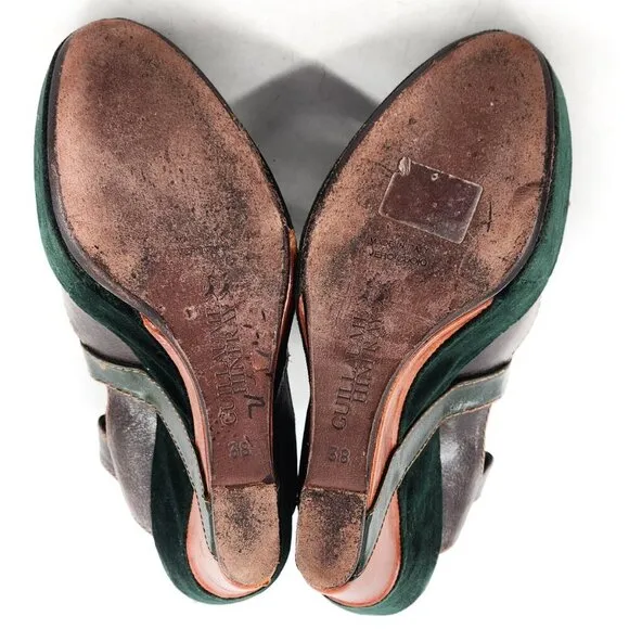 GUILLAUME HINFRAY Brown Green Leather Velvet Platform Wedge Sandals