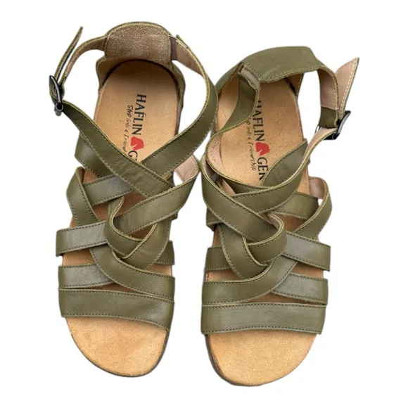 Haflinger Olive Leather Strappy Comfort Sandals EU 38 New | Cork Footbed 7.5