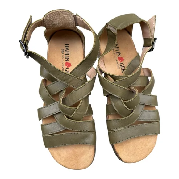 Haflinger Olive Leather Strappy Comfort Sandals EU 38 New | Cork Footbed 7.5