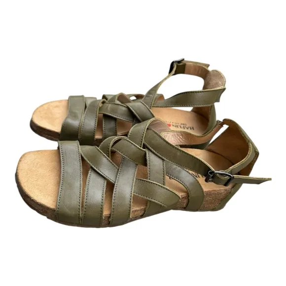 Haflinger Olive Leather Strappy Comfort Sandals EU 38 New | Cork Footbed 7.5
