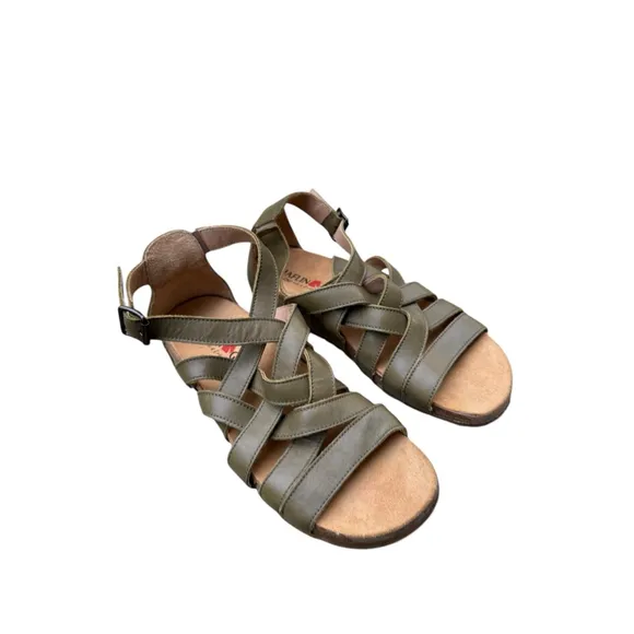 Haflinger Olive Leather Strappy Comfort Sandals EU 38 New | Cork Footbed 7.5