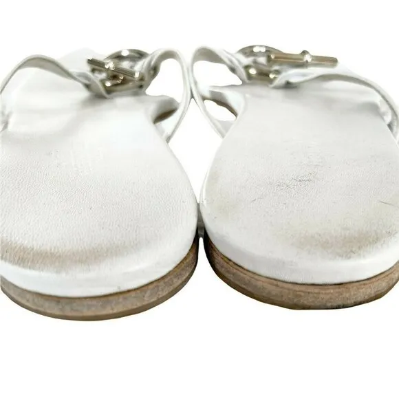 Hermes White Leather Thong Sandals Silver Tone Toggle Sz 39 US Sz 8.5