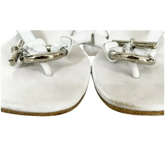 Hermes White Leather Thong Sandals Silver Tone Toggle Sz 39 US Sz 8.5