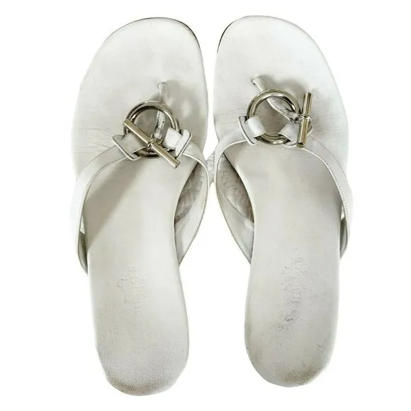 Hermes White Leather Thong Sandals Silver Tone Toggle Sz 39 US Sz 8.5