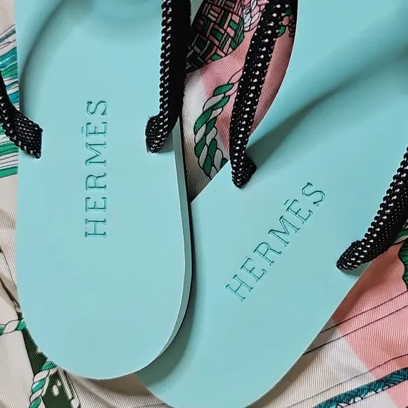 Hermès Kala Turquoise Aqua Flip Flop Sandals with Black Straps H Logo 36/6